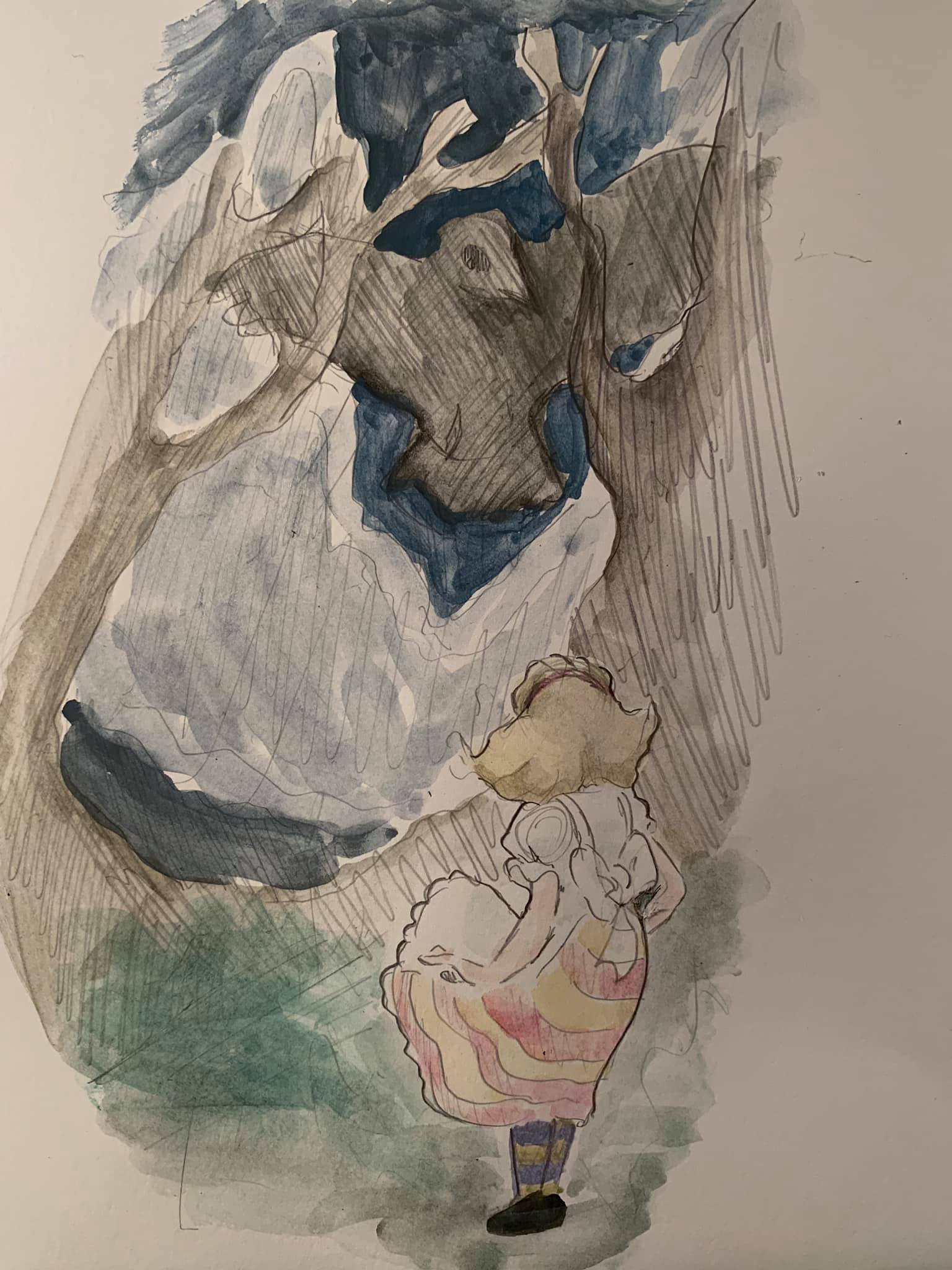 Watercolor sketch of scene in Lewis Carroll's Through the Looking Glass