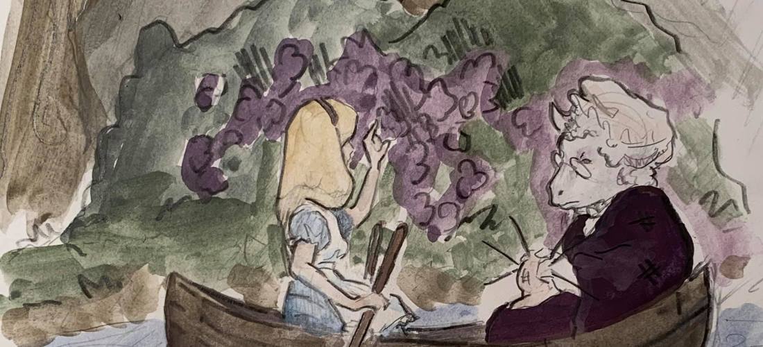 Watercolor sketch of scene in Lewis Carroll's Through the Looking Glass