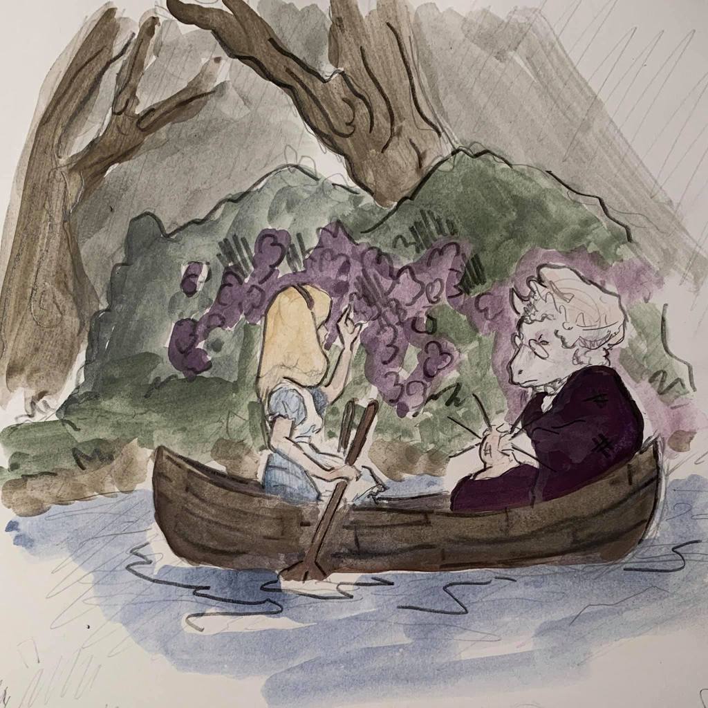 Watercolor sketch of scene in Lewis Carroll's Through the Looking Glass