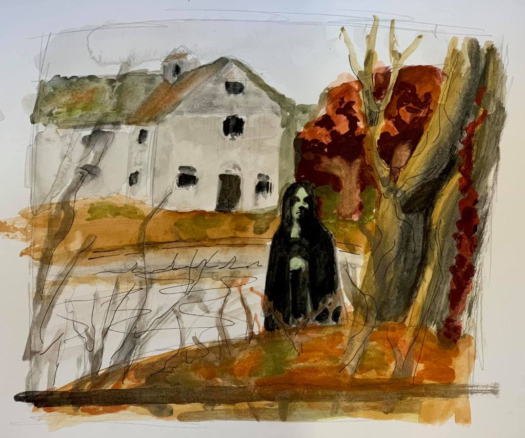 Painting of woman in a landscape setting