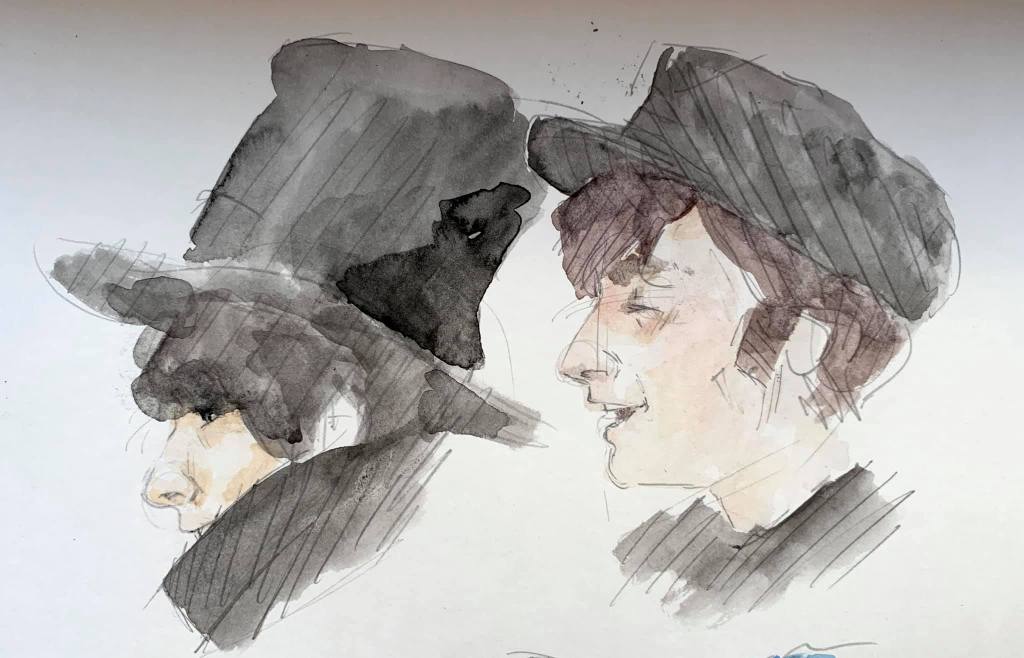 watercolor of George Harrison and John Lennon