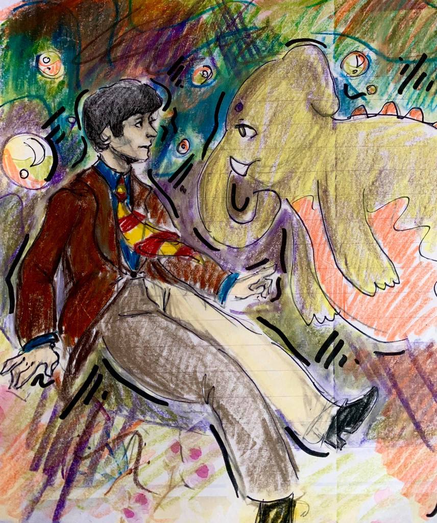 Colored sketch of Paul McCartney and an elephant