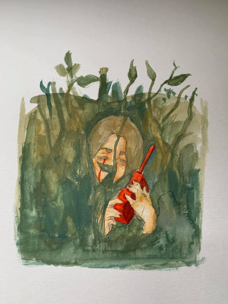 Painting of a person holding a red phone in vegetation
