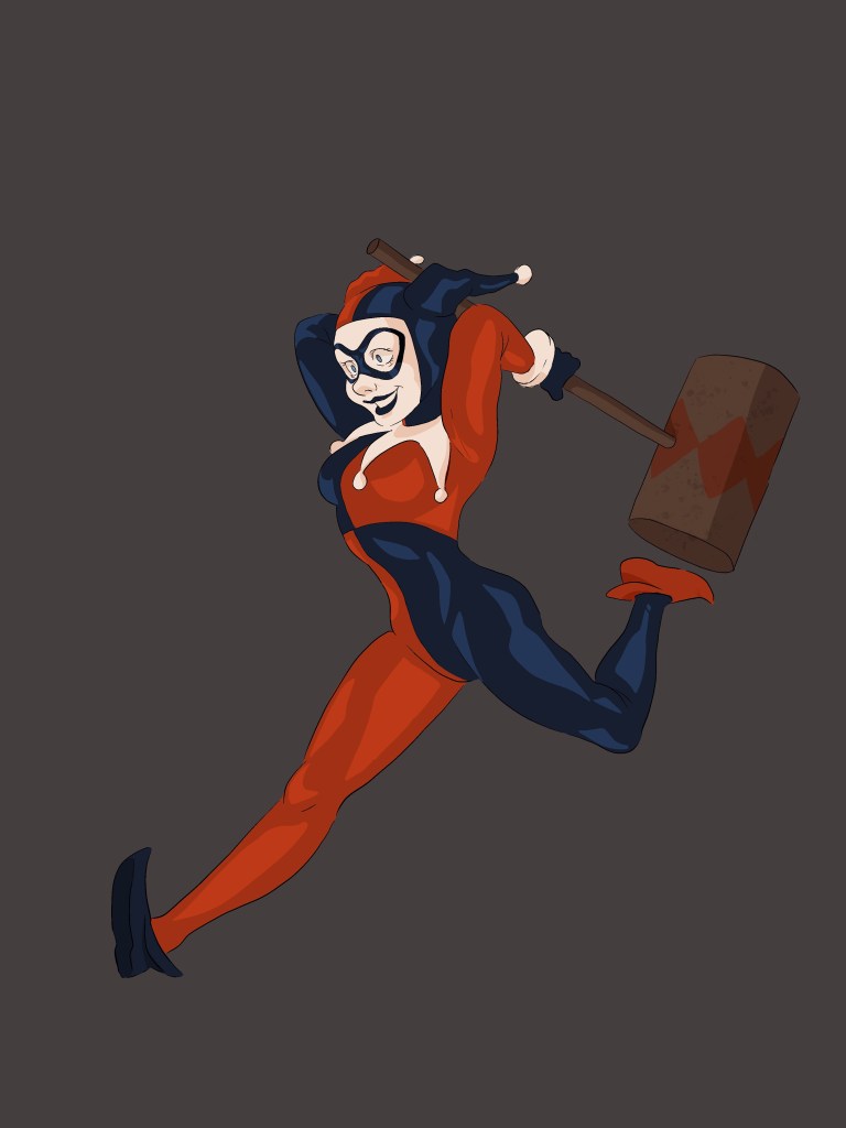 image of woman in joker's costume holding a large mallet