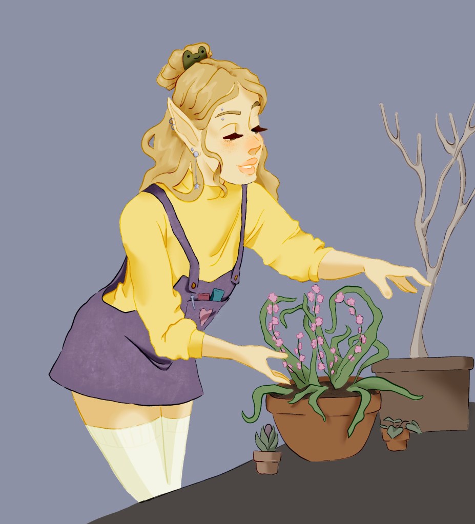 Elf-like woman planting houseplants