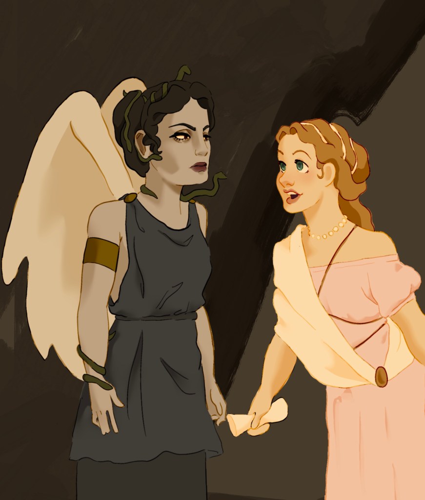 Women in classical garb having a conversation