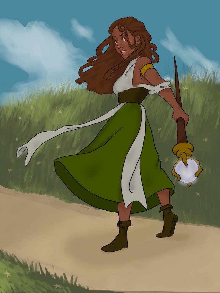 Color image of woman holding magician's staff with orb.