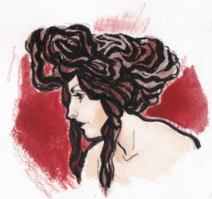 Side view of woman against red background in watercolor and ink.