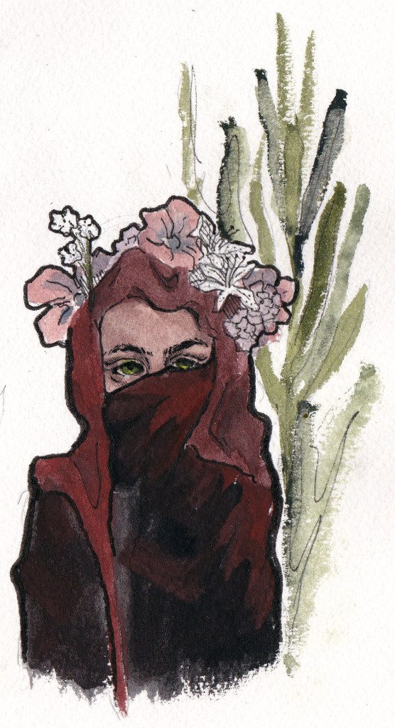 Woman wearing veil and scarf with flowers blooming from behind her