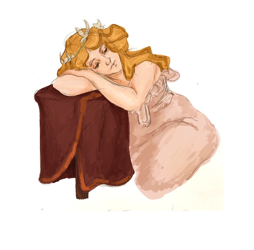 Digital rendering of woman resting head on arms