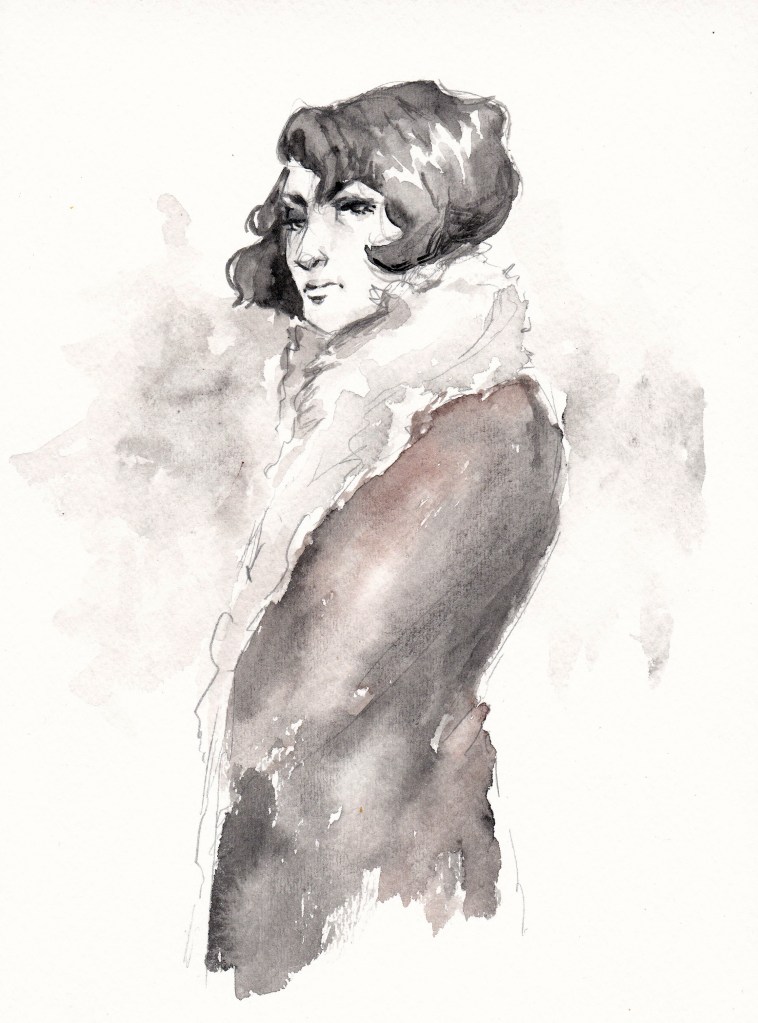 Watercolor painting of woman in coat